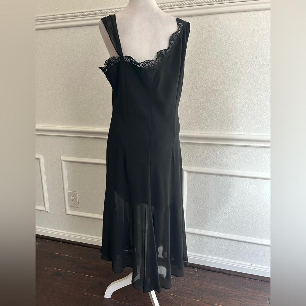 Dawn Joy Evening Black Lace Trim Asymmetrical Dress, Size 16 - Picture 3 of 7